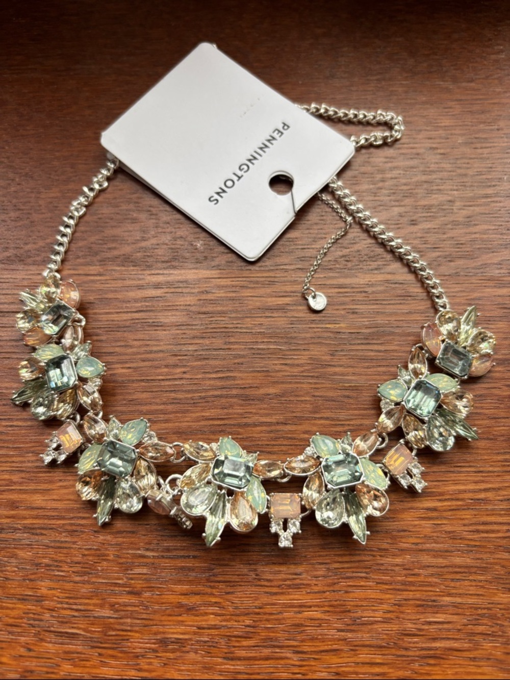 PENNINGTONS Pale Green and Champagne Floral Crystal Necklace